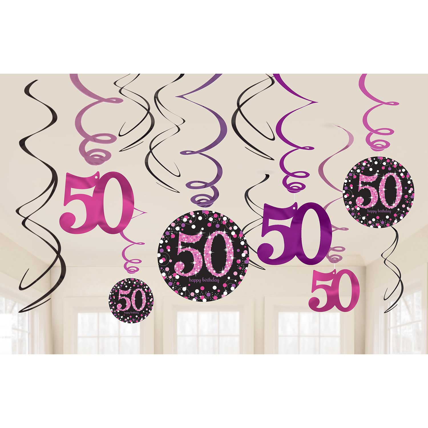 Amscan Pink Sparkling Celebration 50th Hanging Swirl Decorations RRP £5.54 CLEARANCE XL £2.99